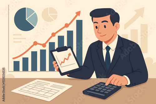 Financial analysis strategy concept. Businessman, accountant or manager at office desk working with data report, calculator, chart and graph for investment and company growth.