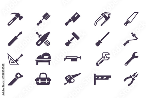 Set of black construction and repair tool icons. vector symbols including hammer, drill, wrench, saw, screwdriver, axe, and toolbox.
