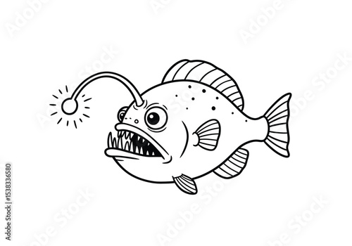 Angler fish cartoon drawing. It is a black and white outline image of an anglerfish, a deep-sea fish with a distinctive bioluminescent lure. Vector sketch line art draw.