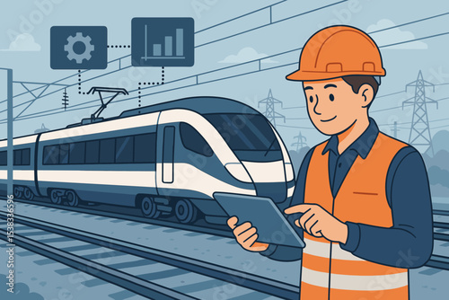 Railway engineer analyzing data on a tablet for train maintenance. Smart transportation technology concept. Railroad worker performing system diagnostics. Industrial logistics vector.