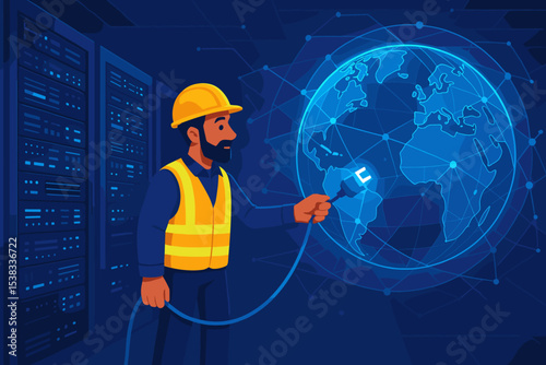 IT technician in a data center connecting the world. Engineer with plug connecting a global network. Concept of futuristic technology, internet service, big data, and server maintenance.