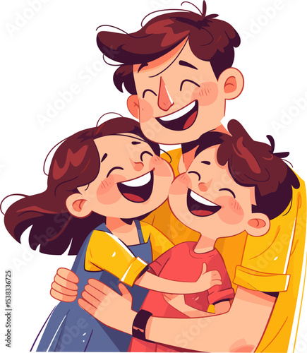 Happy Family Hug: A cheerful father embraces his two laughing children, symbolizing the joy and warmth of family life.