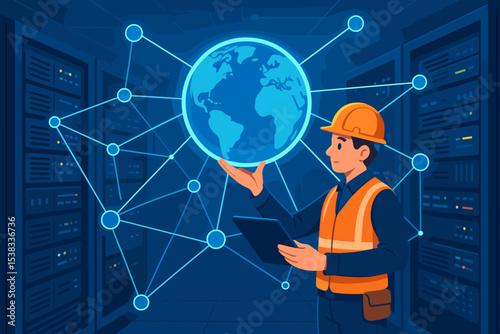 IT engineer in data center managing global network. Technician with tablet controlling server infrastructure. Concept of cloud computing, hosting, internet and big data technology.