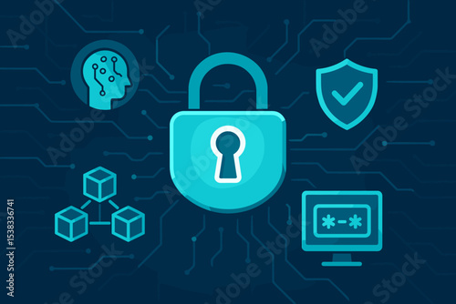 Cybersecurity concept with padlock, AI, blockchain, and authentication icons. Digital data protection, internet network security, and user privacy technology vector illustration.