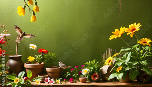 Colorful flowers and plants with butterflies on green background  