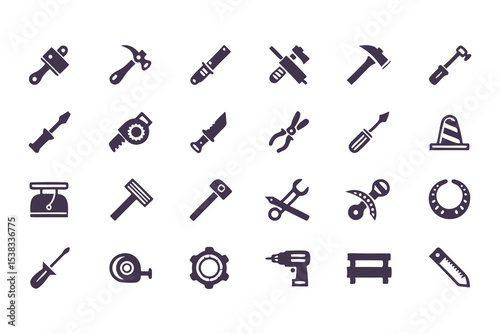 Set of black construction and repair tool icons. vector symbols including hammer, drill, wrench, saw, screwdriver, axe, and toolbox.