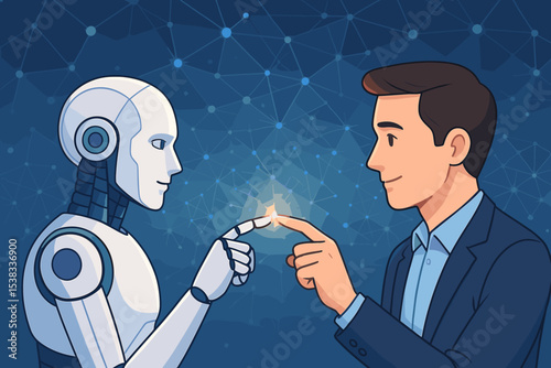 Artificial intelligence and human connection concept. Robot and businessman touching fingers with a spark. Future technology, innovation, synergy. Partnership and collaboration vector.