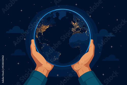 Hands holding glowing planet Earth at night. Concept of care, responsibility, and environmental conservation. Earth Day vector illustration. Save our world, protect humanity's future.