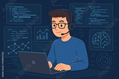 Data analyst or software developer with headset working on laptop. Man programmer at futuristic dashboard with charts and AI. Concept of big data, machine learning, analytics.