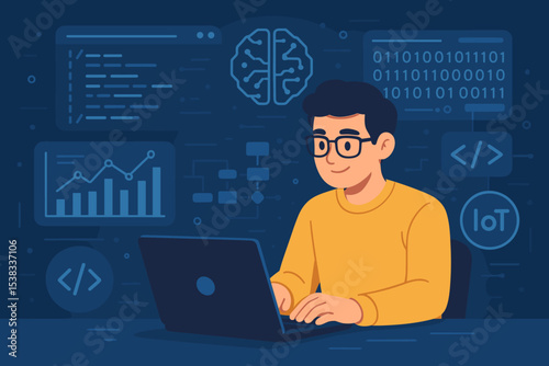 Programmer coding on laptop with futuristic data analysis dashboard. Man developer working with AI, machine learning, and big data. Concept for software development, analytics, IoT.