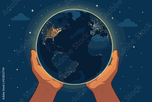 Vector illustration of hands holding a glowing planet Earth at night. Concept for Earth Day, environmental care, conservation, ecology, sustainability, and global responsibility.