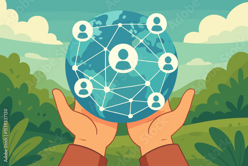 Hands holding a globe with a network of people icons. Concept of global connection, communication, social network, sustainability, community, teamwork, and globalization.