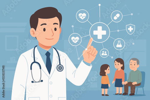 Doctor presenting a medical healthcare network to a family. Concept of digital health, telemedicine, online consultation, patient care, clinic services, and health insurance.