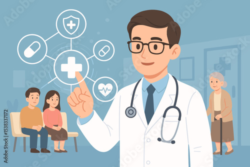 Doctor using a futuristic medical technology network. Concept for healthcare, digital medicine, health insurance, online consultation, and patient care in a modern clinic.
