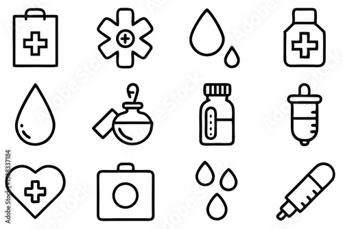 A collection of simple black and white medical icons and healthcare symbols for various design concepts