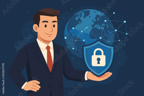Cyber security concept with businessman holding shield. IT specialist offers protection for global network. Data privacy, internet safety, information technology, antivirus vector.