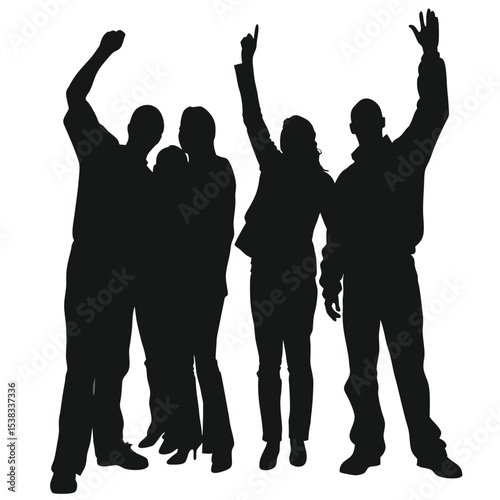 Silhouette of diverse excited people raising arms shows joyful celebration and unity