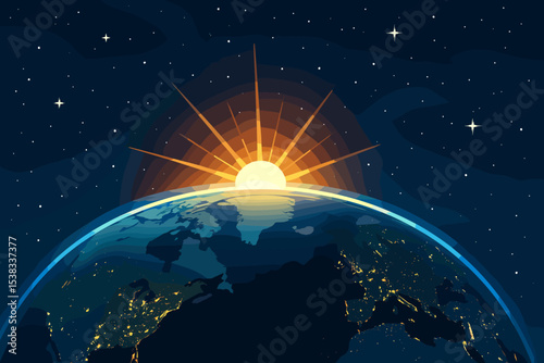 Planet Earth from space with glowing sunrise and city lights at night. Vector illustration of the globe against a starry sky. Concept of new day, hope, future, and global connection.