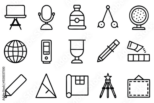 Collection of simple black outline icons representing various tools and objects for graphic design and illustration