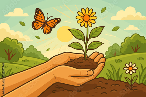 Hands holding a young sunflower plant with soil. Concept of environmental protection, nature conservation, ecology and gardening. Sunny landscape with butterfly for Earth Day.
