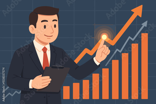 Businessman analyzing financial growth. Professional manager pointing at rising stock market graph. Investment success, business strategy, data analysis, profit increase concept.