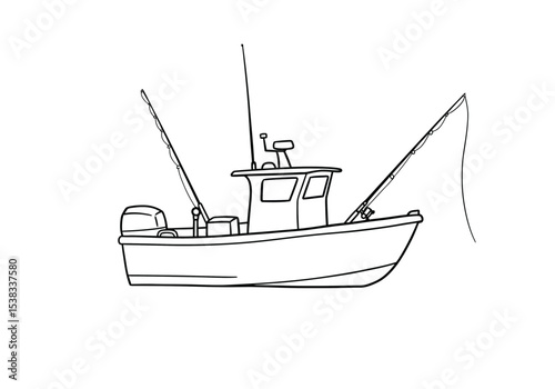 Boat fishing drawing. It is a black and white outline image of a boat equipped for fishing, complete with fishing rods and an engine. Vector sketch line art draw.
