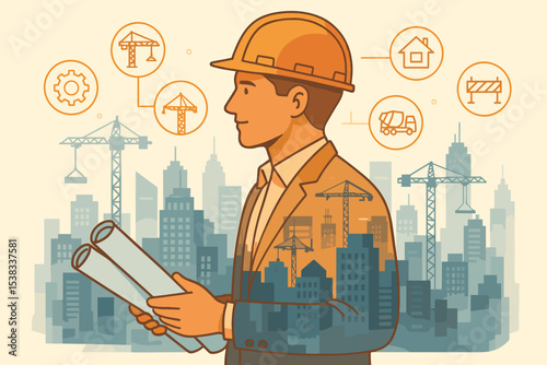 Construction engineer or architect silhouette with double exposure city skyline and cranes. Man in hard hat with blueprints. Vector concept for building industry and urban planning.