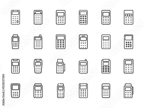 Bundle of Calculator Icon Silhouettes in Minimal Line Style on White Background – Vintage, Scientific, Portable and Office Calculators Vector Pack
