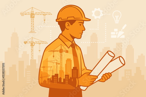 Male engineer or architect holding blueprints. Double exposure vector silhouette with city construction site and cranes. Concept for building industry, urban planning, and innovation.