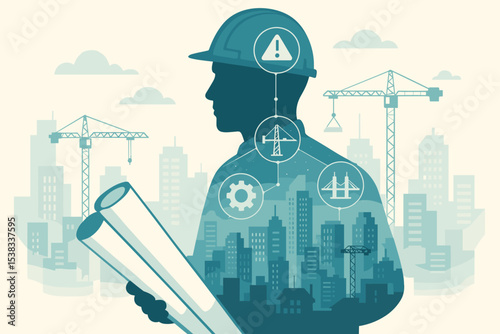 Engineer silhouette with city double exposure. Concept of civil engineering, architecture, and construction. Urban development, infrastructure project management, and building safety.