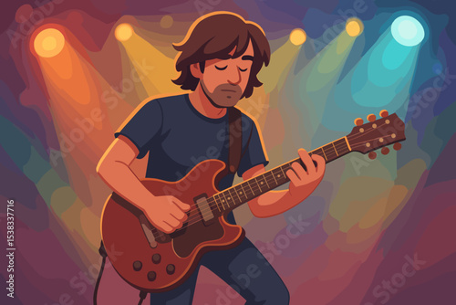 Guitarist playing electric guitar on stage at a live concert. Musician performing a solo under colorful spotlights. Rock band show concept. Cartoon vector for a music festival poster.