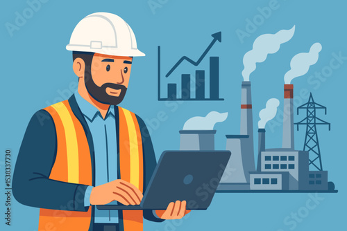 Power plant engineer analyzing energy data on a laptop. Industrial manager with growth chart monitoring factory performance. Concept of electricity generation and industrial efficiency.