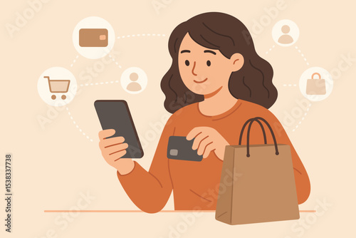 Online shopping concept illustration. Woman makes purchase with smartphone and credit card. Mobile payment, e-commerce, digital wallet, and online store transaction. Happy customer.