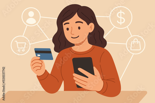 Online shopping concept with woman using phone and credit card for payment. E-commerce, mobile banking, and digital transaction illustration. Fintech and consumer purchase network.