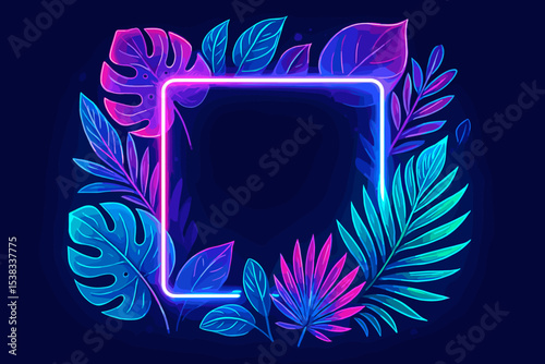 Vibrant neon tropical leaves frame on dark background. Glowing square light border with jungle palm and monstera plants. Abstract futuristic summer party banner template design.