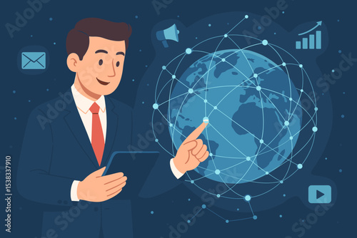 Businessman managing global network on tablet. Concept for international business, digital transformation, communication technology, marketing strategy, and data growth. Flat vector.