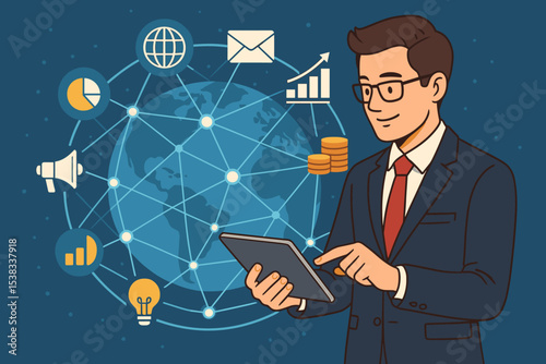 Businessman managing global business with tablet. Concept of network connectivity, technology, data analysis, finance, marketing, and international corporate strategy.