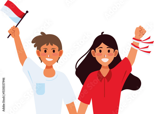 Joyful Patriotism: Two individuals, filled with elation, proudly wave a national flag while expressing patriotic enthusiasm. Illustrative representation.
