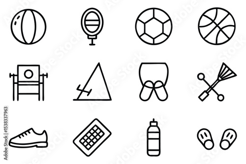 Minimalist outline icons representing various sporting equipment leisure activities and outdoor recreation elements