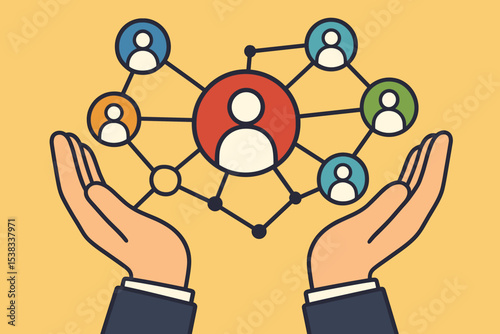 Omnichannel customer experience vector illustration. Hands supporting a network of people icons. Concept for CRM, human resources, teamwork, business strategy, and social community.