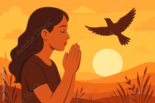 Woman praying at sunset with a peace dove. Concept of faith, hope, and spirituality. Serene girl in quiet meditation and worship. Christian religious vector illustration of gratitude.