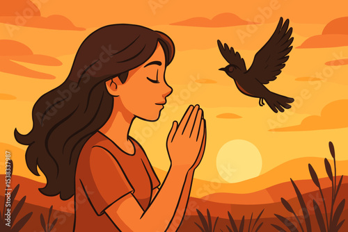 Woman praying at sunset, concept of spirituality and faith. Serene girl meditating in nature. Christian prayer for hope and gratitude. Bird symbolizes freedom and peace of mind.