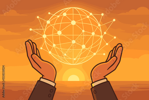 Businessman hands holding a glowing global network over a sunset horizon. Concept of international business, future technology, worldwide communication, data management, and strategy.