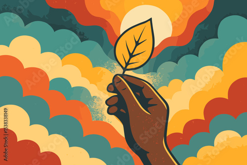 Hand holding yellow leaf concept of hope, nature and environment. Retro psychedelic art style with colorful clouds and sun. Ecology, sustainability, and growth metaphor. Autumn season.