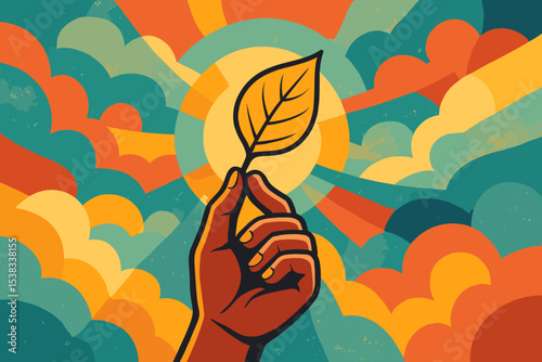 Hand holding a leaf on a retro background with sun and clouds. Vintage psychedelic poster art style. Concept for nature, environment, ecology, hope, growth, and activism.