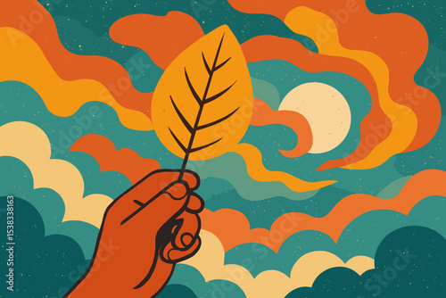 Hand holding yellow autumn leaf against a psychedelic retro sky. Vintage 70s style illustration about nature, change, hope. Surreal dreamscape with colorful wavy clouds and sun.