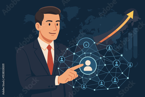 Businessman managing global network. Concept of CRM, HR, and technology. Man pointing at social connection on digital interface. International business growth and success vector.
