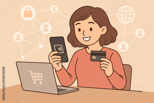 Online shopping concept with woman making mobile payment. Using smartphone and credit card for e-commerce purchase. Digital wallet, contactless transaction, internet banking, fintech.