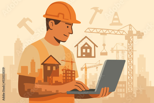 Digital construction vision concept. Engineer or architect with laptop planning building project. Double exposure silhouette with city, cranes. Technology in real estate development.