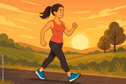 Active woman power walking on a country road at sunset. Healthy lifestyle, fitness, and wellness concept. Girl exercising outdoors in scenic nature. Cartoon vector illustration.